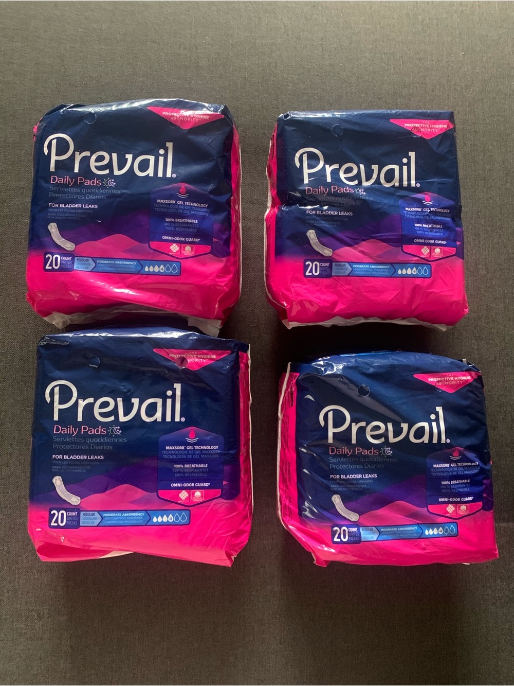 4 Packs Prevail Daily Pads for Bladder Leaks, Moderate Absorbency, 20 Ct Ea NWT